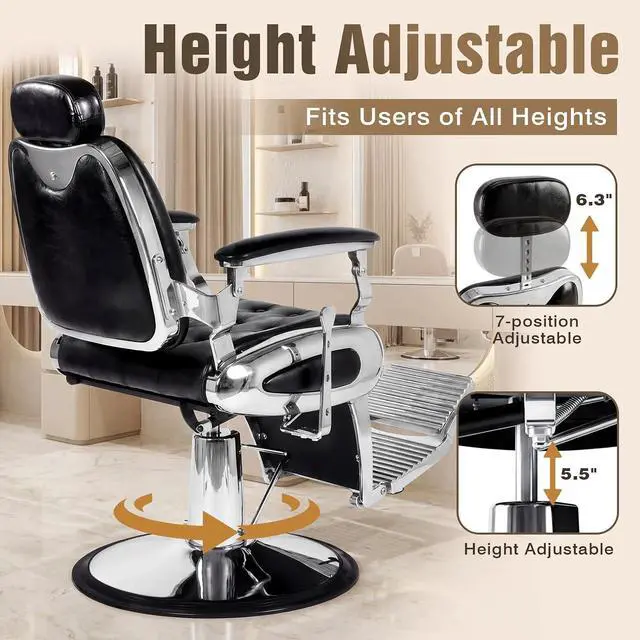 Alt view image 5 of 7 - Barber Chair with Stool, Heavy Duty Vintage Recline Hydraulic Barber Chair, 360° Swivel All Purpose Professional Salon Chair Barber Shop Beauty Salon Shampoo Equipment, Black and Silver