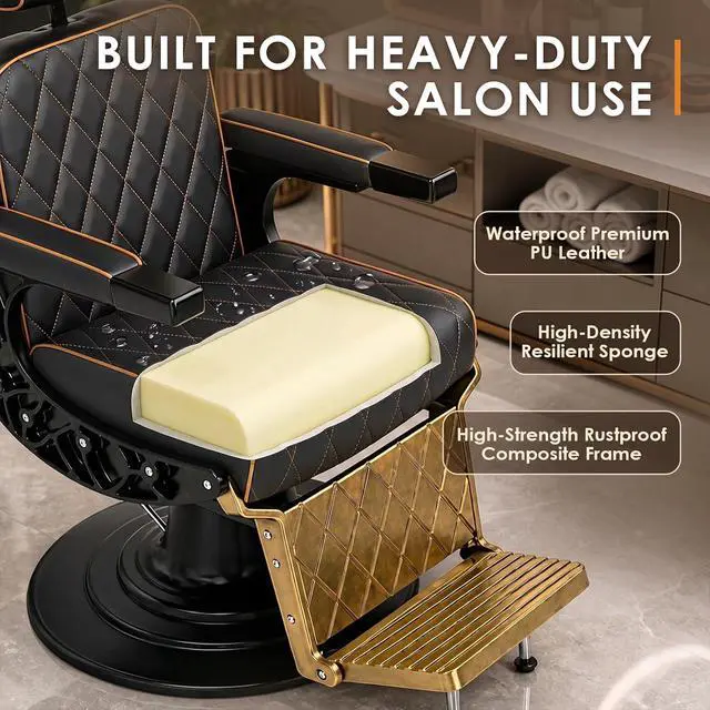 Alt view image 7 of 7 - Barber Chair for Barbershop, Vintage Reclining Salon Chair (Gold) | Heavy Duty All Purpose, Professional Spa Chair, Footrest & Headrest, 360° Swivel, Height Adjustable, Tattoo & Beauty Salons