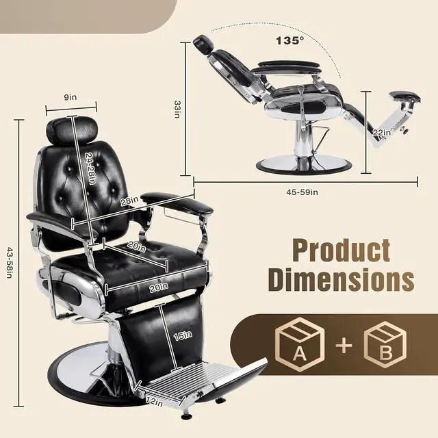 Alt view image 3 of 7 - Barber Chair, Heavy Duty Vintage Recline Hydraulic Barber Chair with Towel Bar, 360° Swivel All Purpose Professional Salon Chair Barber Shop Beauty Salon Shampoo Equipment, Black and Silver