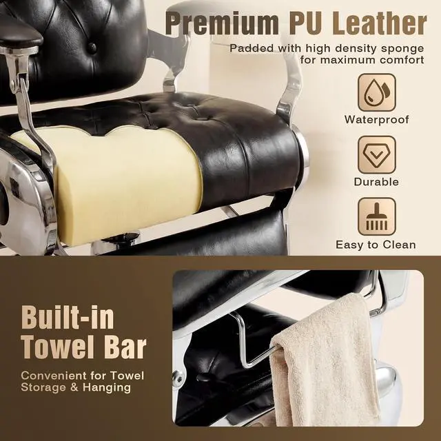 Alt view image 7 of 7 - Barber Chair, Heavy Duty Vintage Recline Hydraulic Barber Chair with Towel Bar, 360° Swivel All Purpose Professional Salon Chair Barber Shop Beauty Salon Shampoo Equipment, Black and Silver