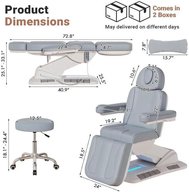 Alt view image 2 of 7 - Fully Electric Massage Table, 3 Motor Adjustable Electric Esthetician Bed w/Dual-Side Foot Pedals, Handheld Remote & LED Light for Beauty Tattoo Spa Medical Treatment, Stool Included, Gray