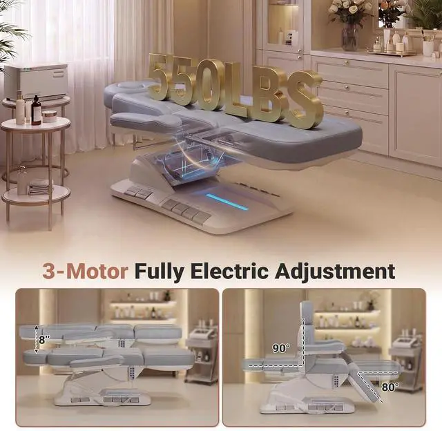 Alt view image 5 of 7 - Fully Electric Massage Table, 3 Motor Adjustable Electric Esthetician Bed w/Dual-Side Foot Pedals, Handheld Remote & LED Light for Beauty Tattoo Spa Medical Treatment, Stool Included, Gray