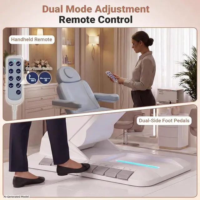 Alt view image 4 of 7 - Fully Electric Massage Table, 3 Motor Adjustable Electric Esthetician Bed w/Dual-Side Foot Pedals, Handheld Remote & LED Light for Beauty Tattoo Spa Medical Treatment, Stool Included, Gray