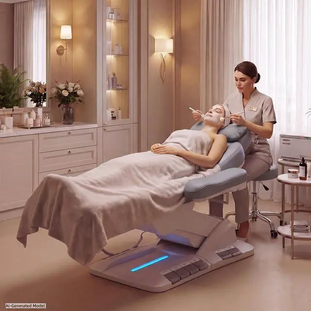 Alt view image 3 of 7 - Fully Electric Massage Table, 3 Motor Adjustable Electric Esthetician Bed w/Dual-Side Foot Pedals, Handheld Remote & LED Light for Beauty Tattoo Spa Medical Treatment, Stool Included, Gray