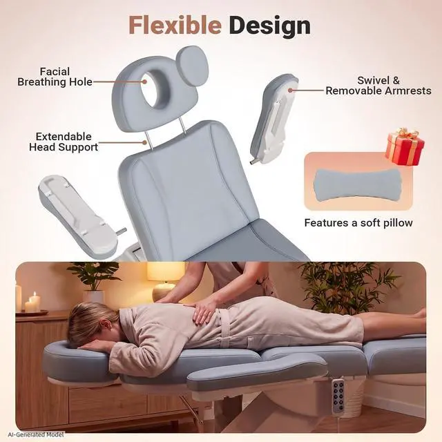 Alt view image 6 of 7 - Fully Electric Massage Table, 3 Motor Adjustable Electric Esthetician Bed w/Dual-Side Foot Pedals, Handheld Remote & LED Light for Beauty Tattoo Spa Medical Treatment, Stool Included, Gray