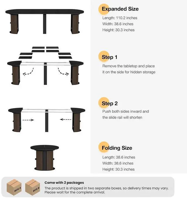 Alt view image 2 of 7 - 38.6" to 110.2" Modern Extendable Dining Table with Storage (Black) | Expandable Fluted Round Table for 2-12 People, Space Saving Table for Party Weddings Meetings Celebrations