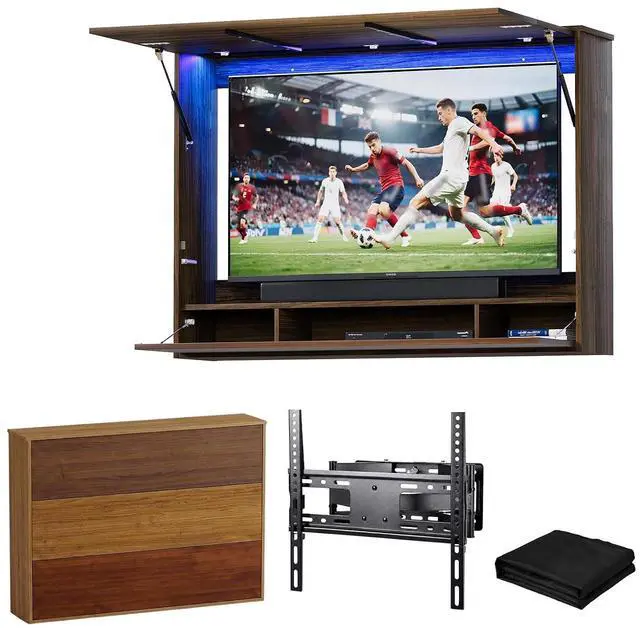 Main image of 45"-55" Outdoor TV Cabinet with LED Light & 3 Storage Compartments | Wall Mounted TV Enclosure, Lift-Up Door, UV Protection Cover, Steel Bracket for Patio, Backyard, Pool
