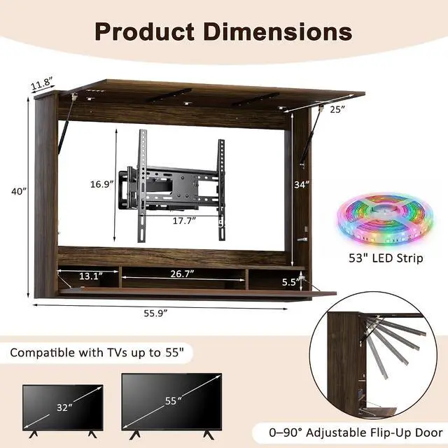 Alt view image 2 of 7 - 45"-55" Outdoor TV Cabinet with LED Light & 3 Storage Compartments | Wall Mounted TV Enclosure, Lift-Up Door, UV Protection Cover, Steel Bracket for Patio, Backyard, Pool