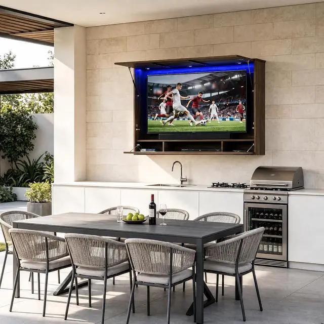 Alt view image 3 of 7 - 45"-55" Outdoor TV Cabinet with LED Light & 3 Storage Compartments | Wall Mounted TV Enclosure, Lift-Up Door, UV Protection Cover, Steel Bracket for Patio, Backyard, Pool