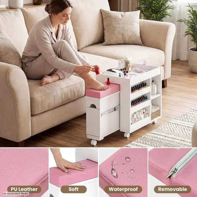 Alt view image 4 of 7 - Pedicure Trolley Cart with Foot Rest, Extendable Mobile Pedicure Station Foot Stool Stand with Adjustable Shelves, Storage Cabinet & Wheels for Nail Tech Beauty Salon Spa & Home, 33.4" L