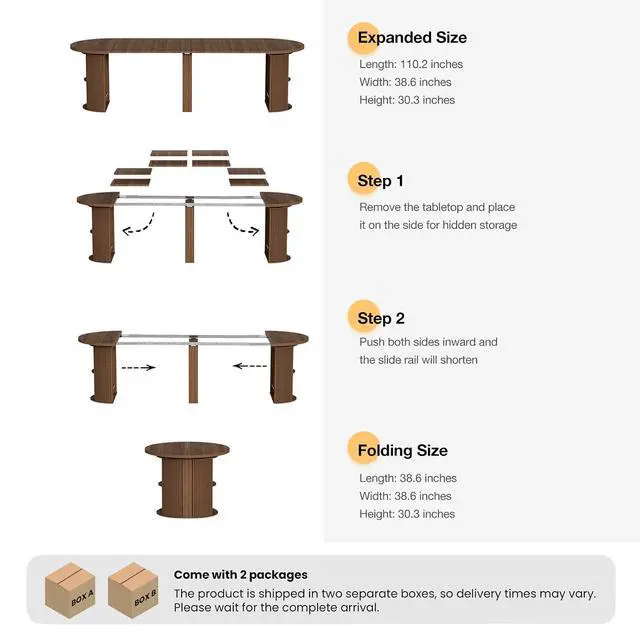 Alt view image 2 of 7 - 38.6" to 110.2" Modern Extendable Dining Table with Storage (Walnut) | Expandable Fluted Round Table for 2-12 People, Space Saving Table for Party Weddings Meetings Celebrations