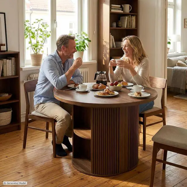 Alt view image 3 of 7 - 38.6" to 110.2" Modern Extendable Dining Table with Storage (Walnut) | Expandable Fluted Round Table for 2-12 People, Space Saving Table for Party Weddings Meetings Celebrations
