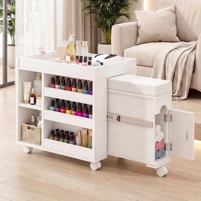 Main image of Pedicure Trolley Cart with Foot Rest, Extendable Mobile Pedicure Station Foot Stool Stand with Adjustable Shelves, Storage Cabinet & Wheels for Nail Tech Beauty Salon Spa & Home, 33.4" L