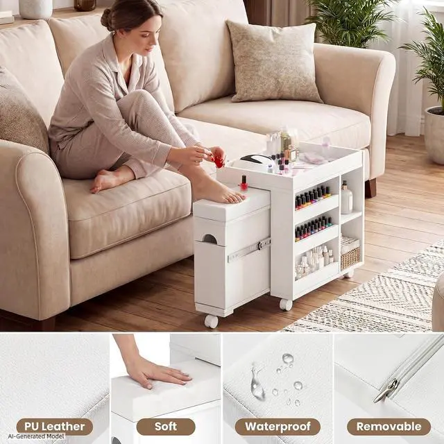 Alt view image 4 of 7 - Pedicure Trolley Cart with Foot Rest, Extendable Mobile Pedicure Station Foot Stool Stand with Adjustable Shelves, Storage Cabinet & Wheels for Nail Tech Beauty Salon Spa & Home, 33.4" L