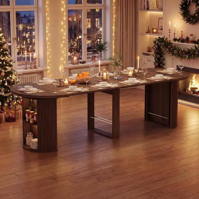 Alt view image 7 of 7 - 38.6" to 110.2" Modern Extendable Dining Table with Storage (Walnut) | Expandable Fluted Round Table for 2-12 People, Space Saving Table for Party Weddings Meetings Celebrations