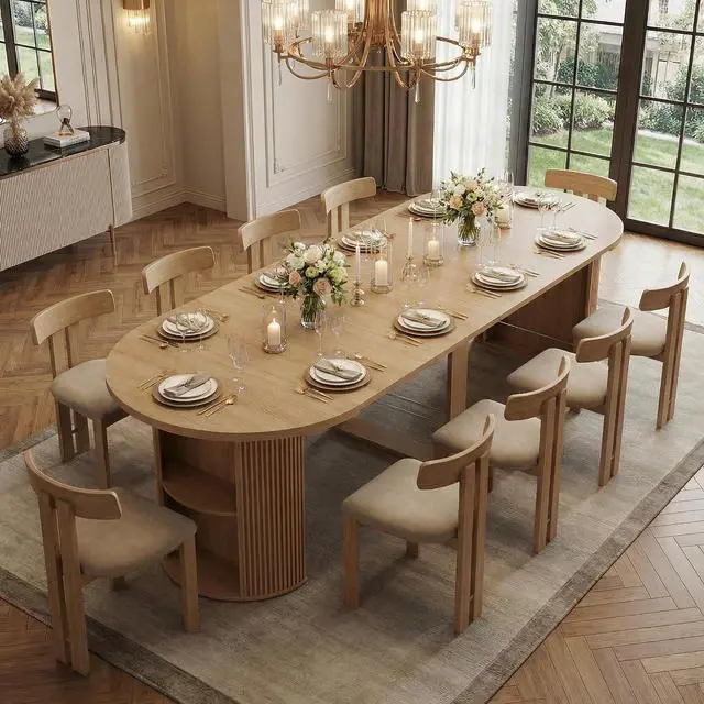Main image of 38.6" to 110.2" Modern Extendable Dining Table with Storage (Oak) | Expandable Fluted Round Table for 2-12 People, Space Saving Table for Party Weddings Meetings Celebrations