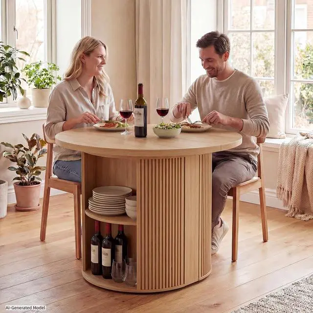 Alt view image 3 of 7 - 38.6" to 110.2" Modern Extendable Dining Table with Storage (Oak) | Expandable Fluted Round Table for 2-12 People, Space Saving Table for Party Weddings Meetings Celebrations