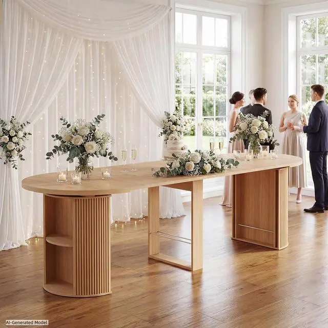 Alt view image 6 of 7 - 38.6" to 110.2" Modern Extendable Dining Table with Storage (Oak) | Expandable Fluted Round Table for 2-12 People, Space Saving Table for Party Weddings Meetings Celebrations