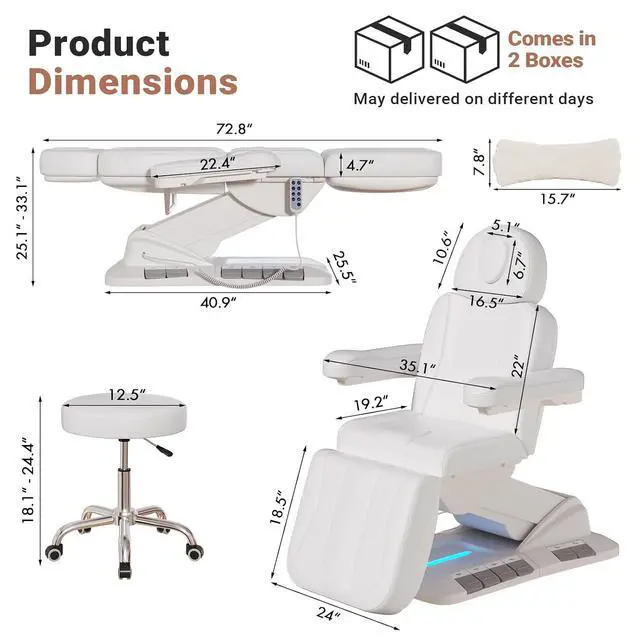 Alt view image 2 of 7 - Fully Electric Massage Table, 3 Motor Adjustable Electric Esthetician Bed w/Dual-Side Foot Pedals, Handheld Remote & LED Light for Beauty Tattoo Spa Medical Treatment, Stool Included, White