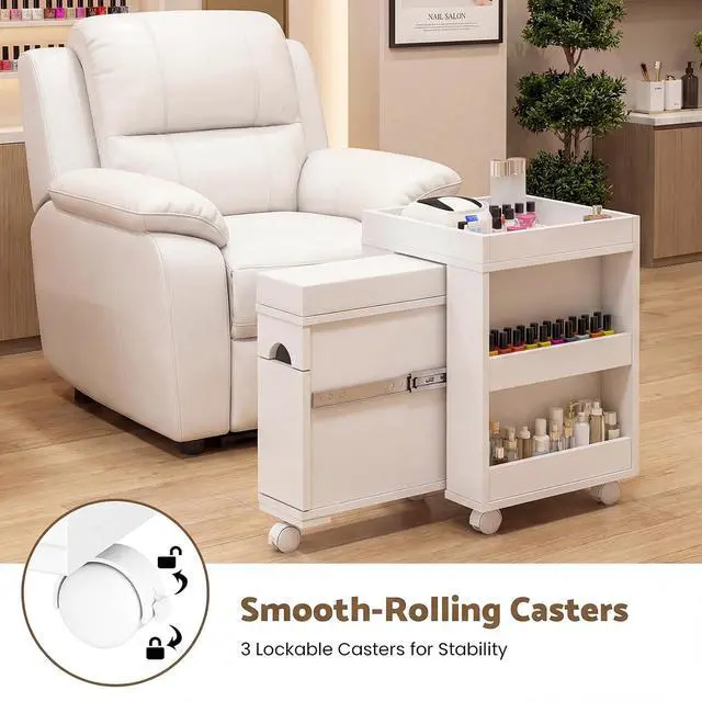 Alt view image 5 of 7 - Pedicure Trolley Cart with Foot Rest, Wheels, Storage Shelves & Cabinet, Extendable Mobile Pedicure Foot Stool Stand Manicure Station for Nail Tech/Home Salon, 26.3" L