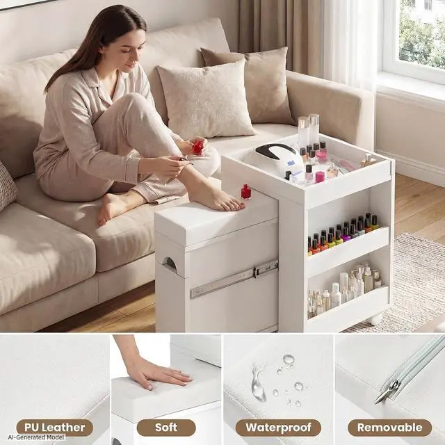 Alt view image 6 of 7 - Pedicure Trolley Cart with Foot Rest, Wheels, Storage Shelves & Cabinet, Extendable Mobile Pedicure Foot Stool Stand Manicure Station for Nail Tech/Home Salon, 26.3" L