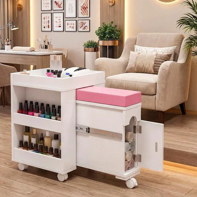 Main image of Pedicure Trolley Cart with Foot Rest, Extendable Pedicure & Manicure Station for Nail Tech, Mobile Pedicure Foot Stool Stand with Rolling Wheels, Shelves, Cabinet for Polish & Oil, 26.3" L