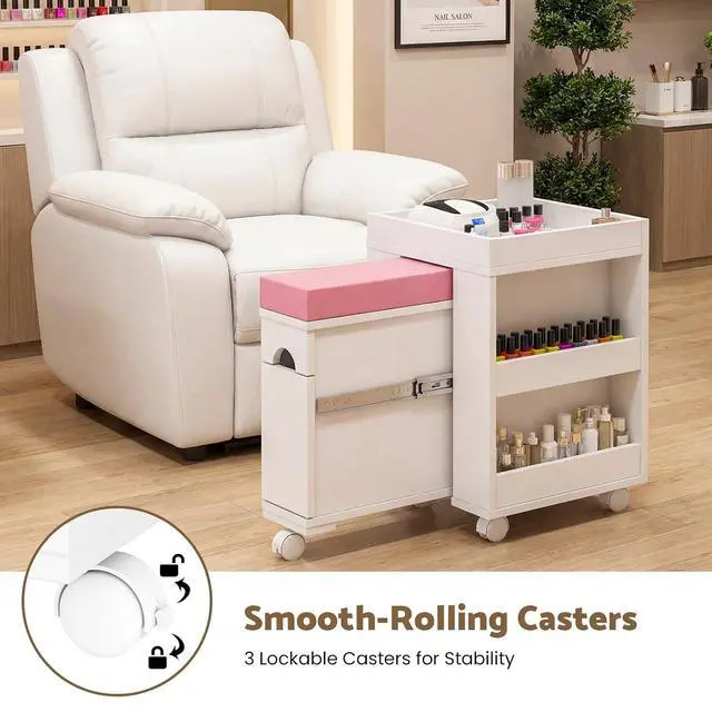 Alt view image 6 of 7 - Pedicure Trolley Cart with Foot Rest, Extendable Pedicure & Manicure Station for Nail Tech, Mobile Pedicure Foot Stool Stand with Rolling Wheels, Shelves, Cabinet for Polish & Oil, 26.3" L
