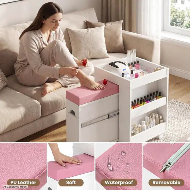 Alt view image 5 of 7 - Pedicure Trolley Cart with Foot Rest, Extendable Pedicure & Manicure Station for Nail Tech, Mobile Pedicure Foot Stool Stand with Rolling Wheels, Shelves, Cabinet for Polish & Oil, 26.3" L