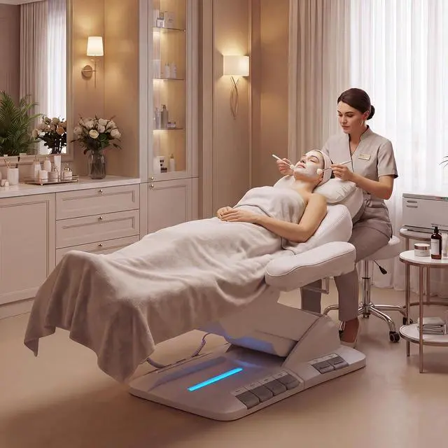 Alt view image 3 of 7 - Fully Electric Massage Table, 3 Motor Adjustable Electric Esthetician Bed w/Dual-Side Foot Pedals, Handheld Remote & LED Light for Beauty Tattoo Spa Medical Treatment, Stool Included, White