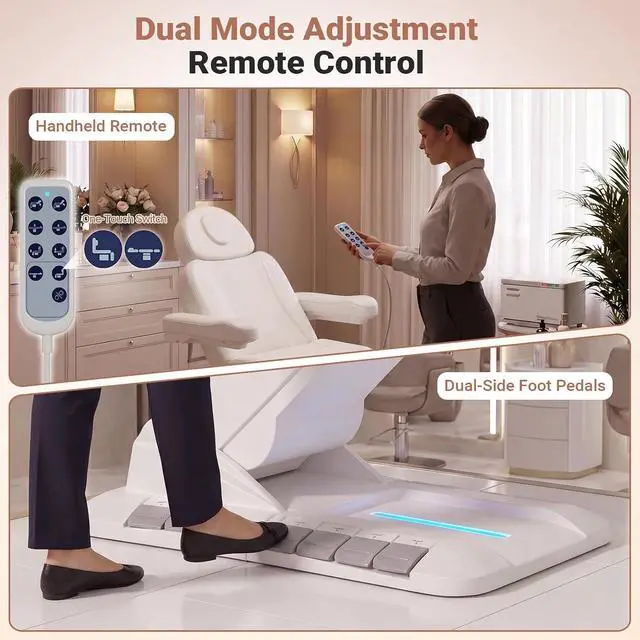 Alt view image 4 of 7 - Fully Electric Massage Table, 3 Motor Adjustable Electric Esthetician Bed w/Dual-Side Foot Pedals, Handheld Remote & LED Light for Beauty Tattoo Spa Medical Treatment, Stool Included, White