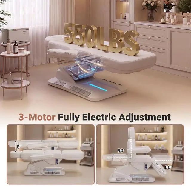 Alt view image 5 of 7 - Fully Electric Massage Table, 3 Motor Adjustable Electric Esthetician Bed w/Dual-Side Foot Pedals, Handheld Remote & LED Light for Beauty Tattoo Spa Medical Treatment, Stool Included, White
