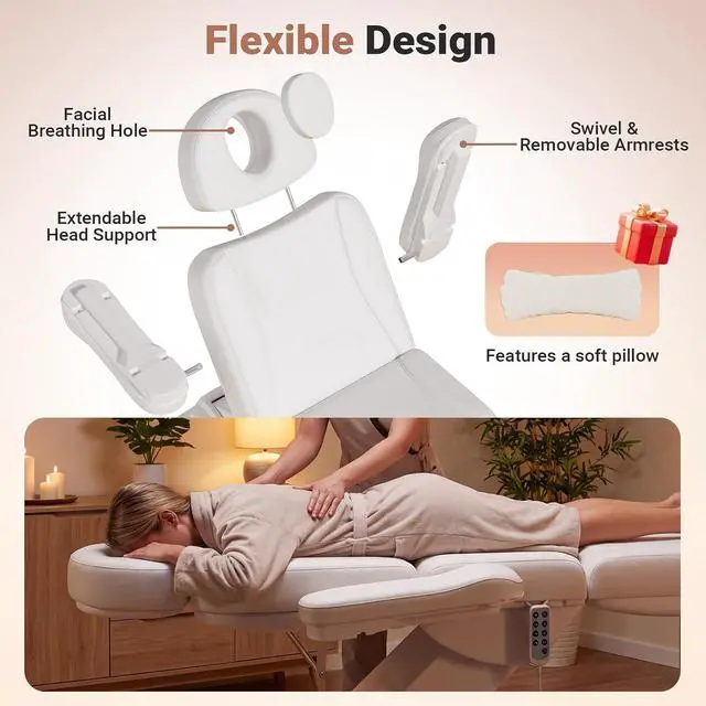 Alt view image 6 of 7 - Fully Electric Massage Table, 3 Motor Adjustable Electric Esthetician Bed w/Dual-Side Foot Pedals, Handheld Remote & LED Light for Beauty Tattoo Spa Medical Treatment, Stool Included, White