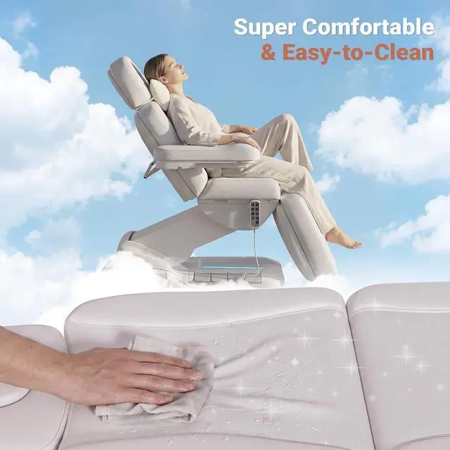 Alt view image 7 of 7 - Fully Electric Massage Table, 3 Motor Adjustable Electric Esthetician Bed w/Dual-Side Foot Pedals, Handheld Remote & LED Light for Beauty Tattoo Spa Medical Treatment, Stool Included, White