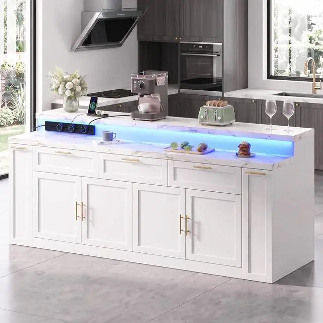 Main image of 92.5" Stationary Kitchen Island with Storage (White) | Two-Tiered Faux Marble Countertop, Flexible Track Outlet, LED Light, Cabinet with Adjustable Shelf, Open Storage Compartment
