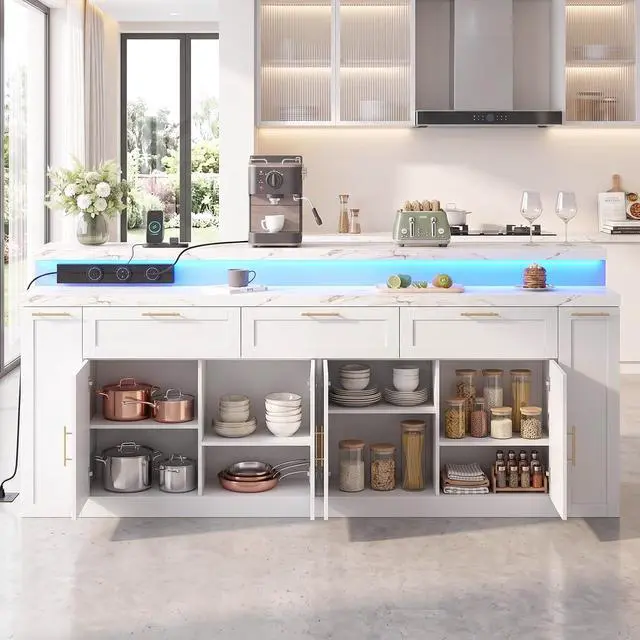 Alt view image 3 of 7 - 92.5" Stationary Kitchen Island with Storage (White) | Two-Tiered Faux Marble Countertop, Flexible Track Outlet, LED Light, Cabinet with Adjustable Shelf, Open Storage Compartment