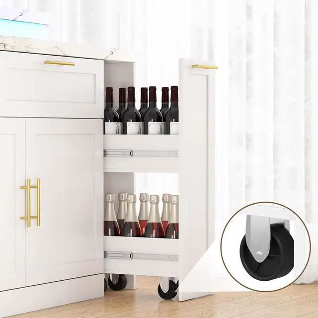 Alt view image 5 of 7 - 92.5" Stationary Kitchen Island with Storage (White) | Two-Tiered Faux Marble Countertop, Flexible Track Outlet, LED Light, Cabinet with Adjustable Shelf, Open Storage Compartment