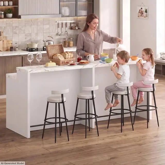 Alt view image 6 of 7 - 92.5" Stationary Kitchen Island with Storage (White) | Two-Tiered Faux Marble Countertop, Flexible Track Outlet, LED Light, Cabinet with Adjustable Shelf, Open Storage Compartment