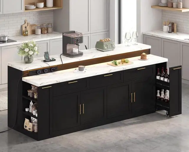 Main image of 92.5" Stationary Kitchen Island with Storage (Black) | Two-Tiered Faux Marble Countertop, Flexible Track Outlet, LED Light, Cabinet with Adjustable Shelf, Open Storage Compartment