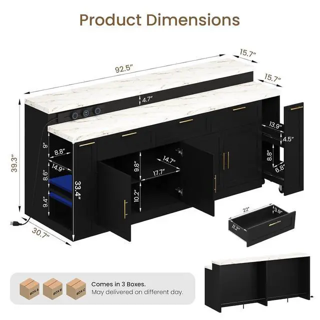 Alt view image 2 of 7 - 92.5" Stationary Kitchen Island with Storage (Black) | Two-Tiered Faux Marble Countertop, Flexible Track Outlet, LED Light, Cabinet with Adjustable Shelf, Open Storage Compartment