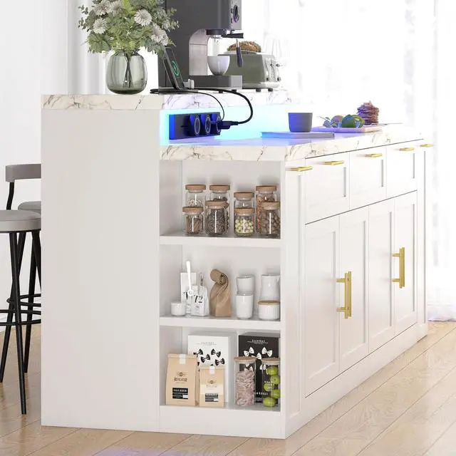 Alt view image 7 of 7 - 92.5" Stationary Kitchen Island with Storage (White) | Two-Tiered Faux Marble Countertop, Flexible Track Outlet, LED Light, Cabinet with Adjustable Shelf, Open Storage Compartment