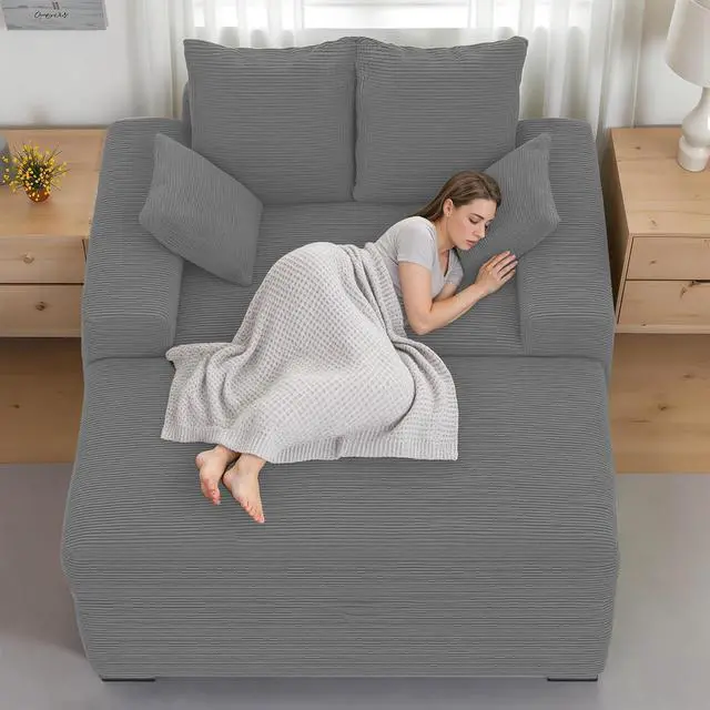 Alt view image 6 of 7 - Luxe Chaise Lounge Chair Indoor with Ottoman, Comfy Faux Fur Plush Oversized Lounge Sofa with 2 Pillows, 64" Modern Upholstered Sleeper Couch Bed for Bedroom (Grey, 57 in)