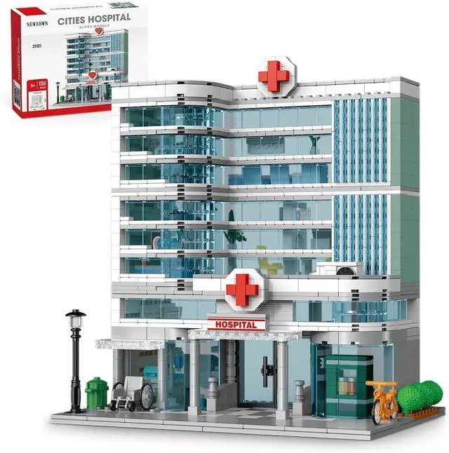 Main image of City Hospital Building Set Compatible with Lego 1350pc LED Lighting | Modular 3-story hospital with LED lights, detachable floors, emergency room, pharmacy, dental clinic and medical accessories.