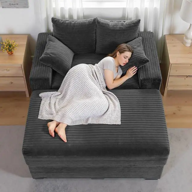 Alt view image 6 of 7 - Luxe Chaise Lounge Chair Indoor with Storage Ottoman, Comfy Corduroy Oversized Lounge Sofa with 4 Pillows, 60" Modern Upholstered Sleeper Couch Bed for Bedroom (Dark Grey, 57 in)