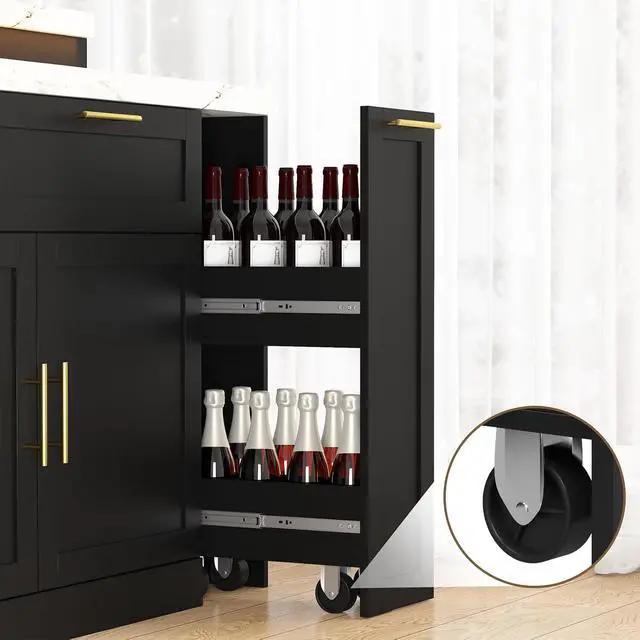 Alt view image 3 of 7 - 92.5" Stationary Kitchen Island with Storage (Black) | Two-Tiered Faux Marble Countertop, Flexible Track Outlet, LED Light, Cabinet with Adjustable Shelf, Open Storage Compartment