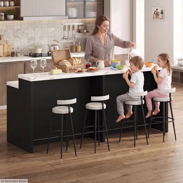 Alt view image 4 of 7 - 92.5" Stationary Kitchen Island with Storage (Black) | Two-Tiered Faux Marble Countertop, Flexible Track Outlet, LED Light, Cabinet with Adjustable Shelf, Open Storage Compartment