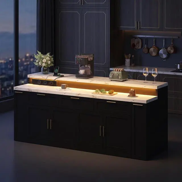 Alt view image 7 of 7 - 92.5" Stationary Kitchen Island with Storage (Black) | Two-Tiered Faux Marble Countertop, Flexible Track Outlet, LED Light, Cabinet with Adjustable Shelf, Open Storage Compartment