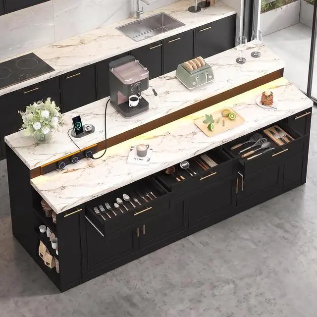 Alt view image 5 of 7 - 92.5" Stationary Kitchen Island with Storage (Black) | Two-Tiered Faux Marble Countertop, Flexible Track Outlet, LED Light, Cabinet with Adjustable Shelf, Open Storage Compartment