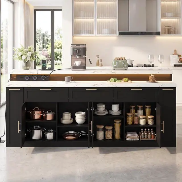 Alt view image 6 of 7 - 92.5" Stationary Kitchen Island with Storage (Black) | Two-Tiered Faux Marble Countertop, Flexible Track Outlet, LED Light, Cabinet with Adjustable Shelf, Open Storage Compartment