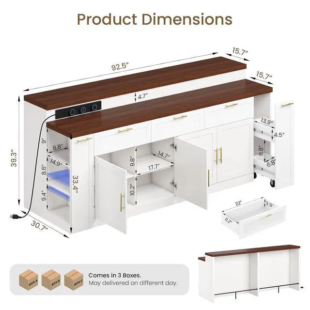 Alt view image 2 of 7 - 92.5" Stationary Kitchen Island with Storage (Walnut) | Two-Tiered Faux Marble Countertop, Flexible Track Outlet, LED Light, Cabinet with Adjustable Shelf, Open Storage Compartment