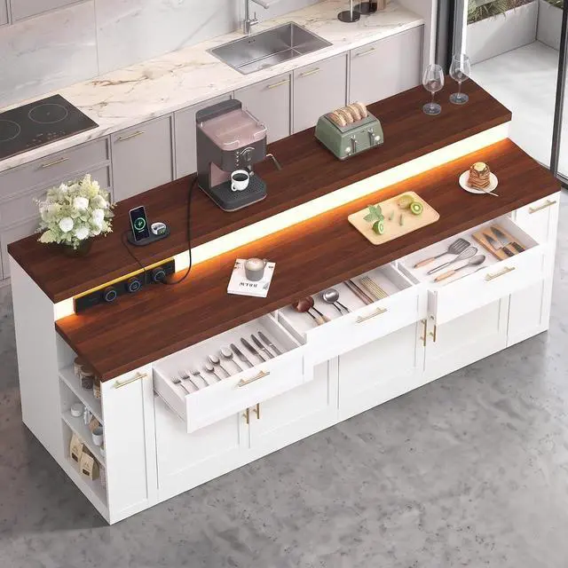 Main image of 92.5" Stationary Kitchen Island with Storage (Walnut) | Two-Tiered Faux Marble Countertop, Flexible Track Outlet, LED Light, Cabinet with Adjustable Shelf, Open Storage Compartment